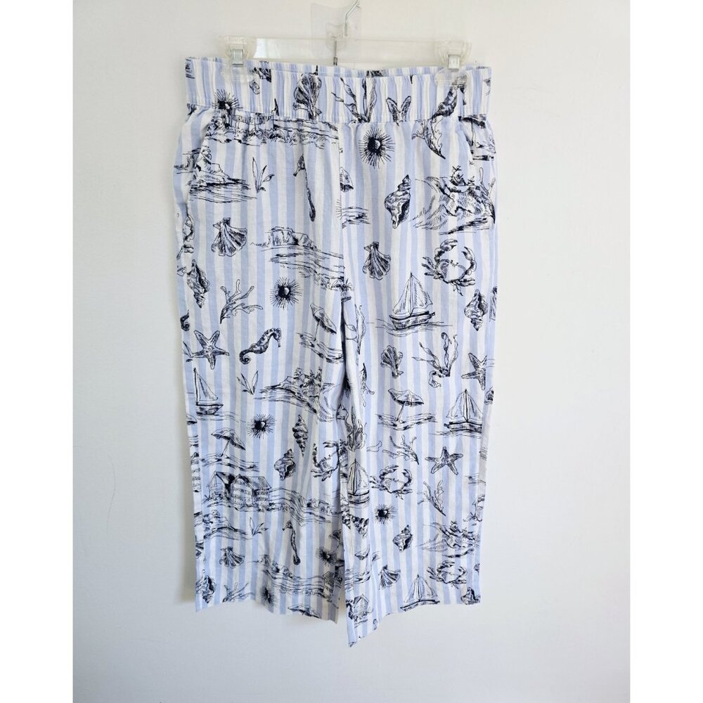 Martha Stewart Linen Nautical Costal Beach Wide Leg Pants M Seashell Crabs Boats